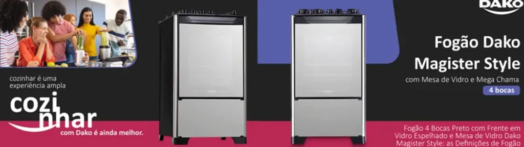 Fogão 4 bocas Dako Magister Style com Mesa de Vidro e Mega Chama
